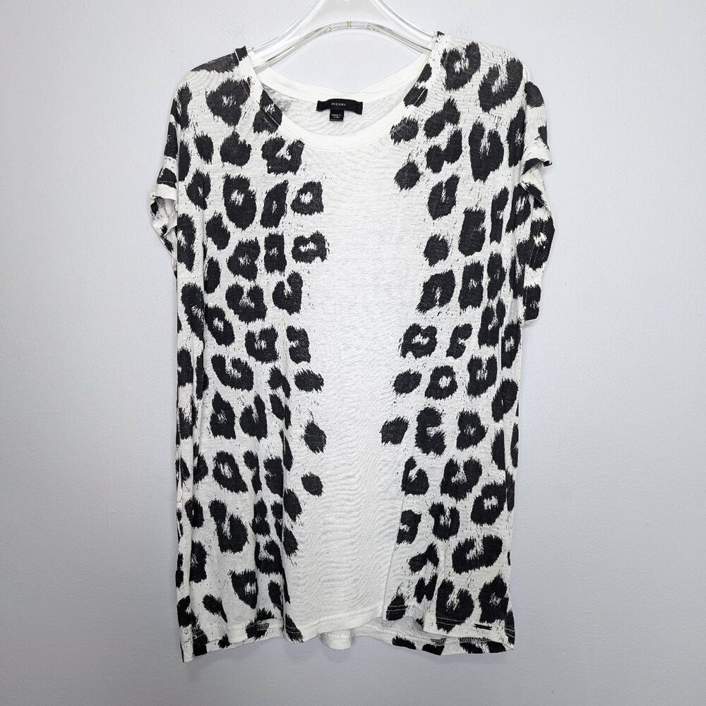 Diesel Black White Leopard Print Short Sleeve Linen Blend T- Shirt Short Sleeve